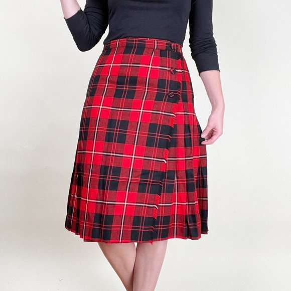 Vintage Plaid 100% Wool High Rise Midi Skirt Pleated Preppy Academia Tartan Kilt - Picture 9 of 9
